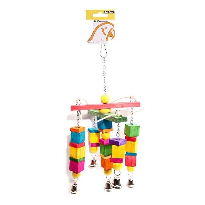 Avi One Bird Toy Leath Rope Coloured Wd Cube wBell 40x18cm - PetBuy
