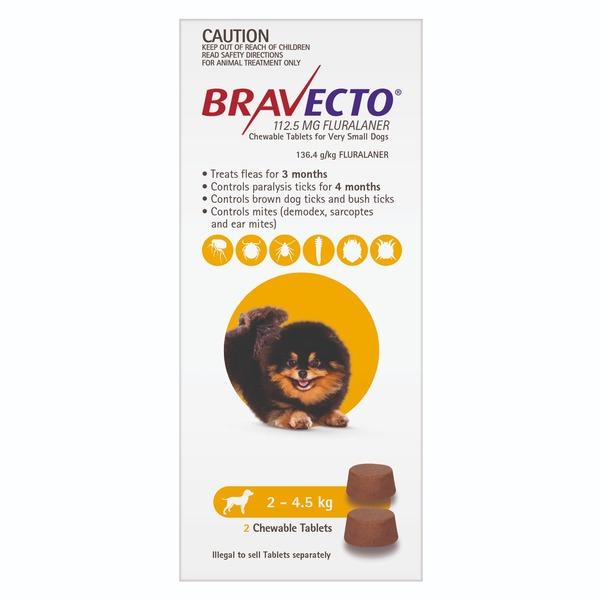 Bravecto Chew for Very Small Dogs 6 month pack - 2.8 to 4.5kg - 2 CHEWS - Extra small dog - PetBuy