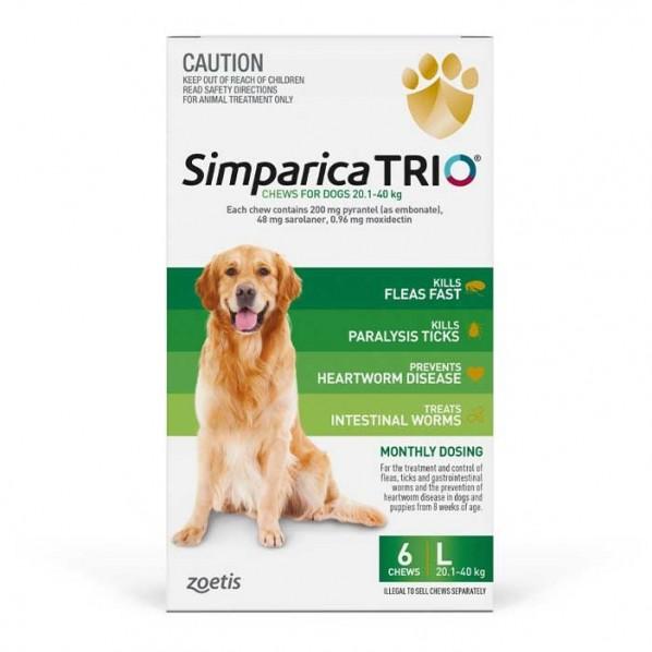 Simparica Trio 20.1-40kg Dog Flea Tick & Worm Chew 6 Pack - PetBuy