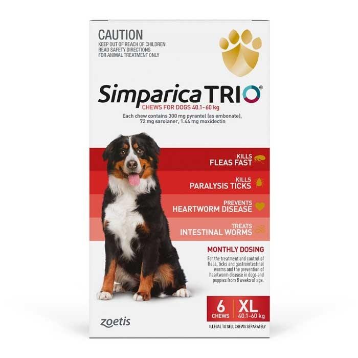 Simparica Trio 40.1-60kg Dog Flea Tick & Worm Chew 6 Pack - PetBuy