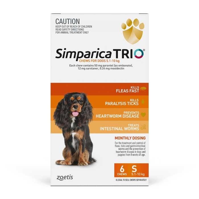 Simparica Trio 5.1-10kg Dog Flea Tick & Worm Chew 6 Pack - PetBuy