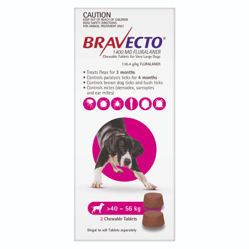 Bravecto Chew for Very Large Dogs 6 month pack - 40 to 56kg - 2 Chews - Extra Large Dog - PetBuy