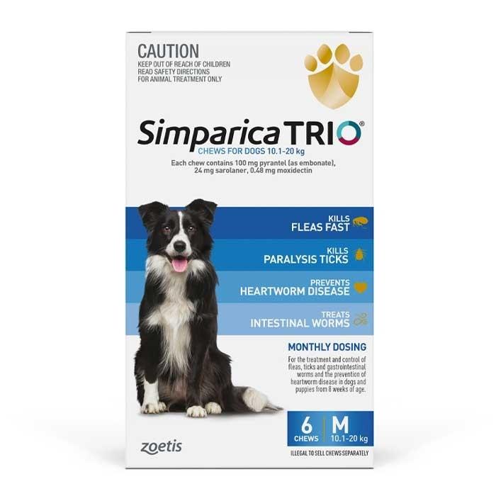 Simparica Trio 10.1-20kg Dog Flea Tick & Worm Chew 6 Pack - PetBuy