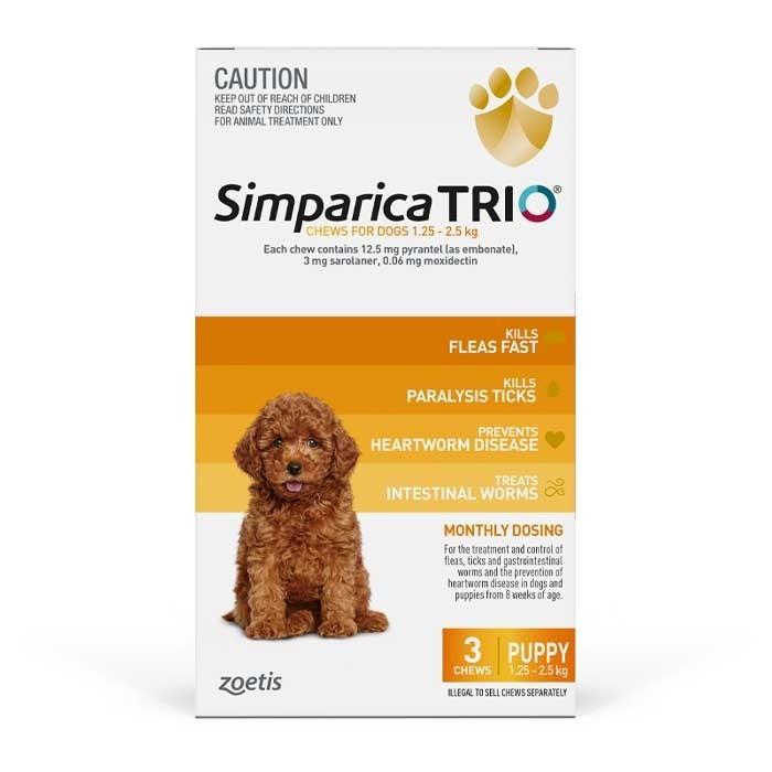 Simparica Trio 1.3-2.5kg Dog Flea Tick & Worm Chew 3 Pack - PetBuy