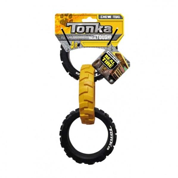 Tonka Flex Tread 3 Ring Tug Dog Toy Black Yellow 26cm - PetBuy